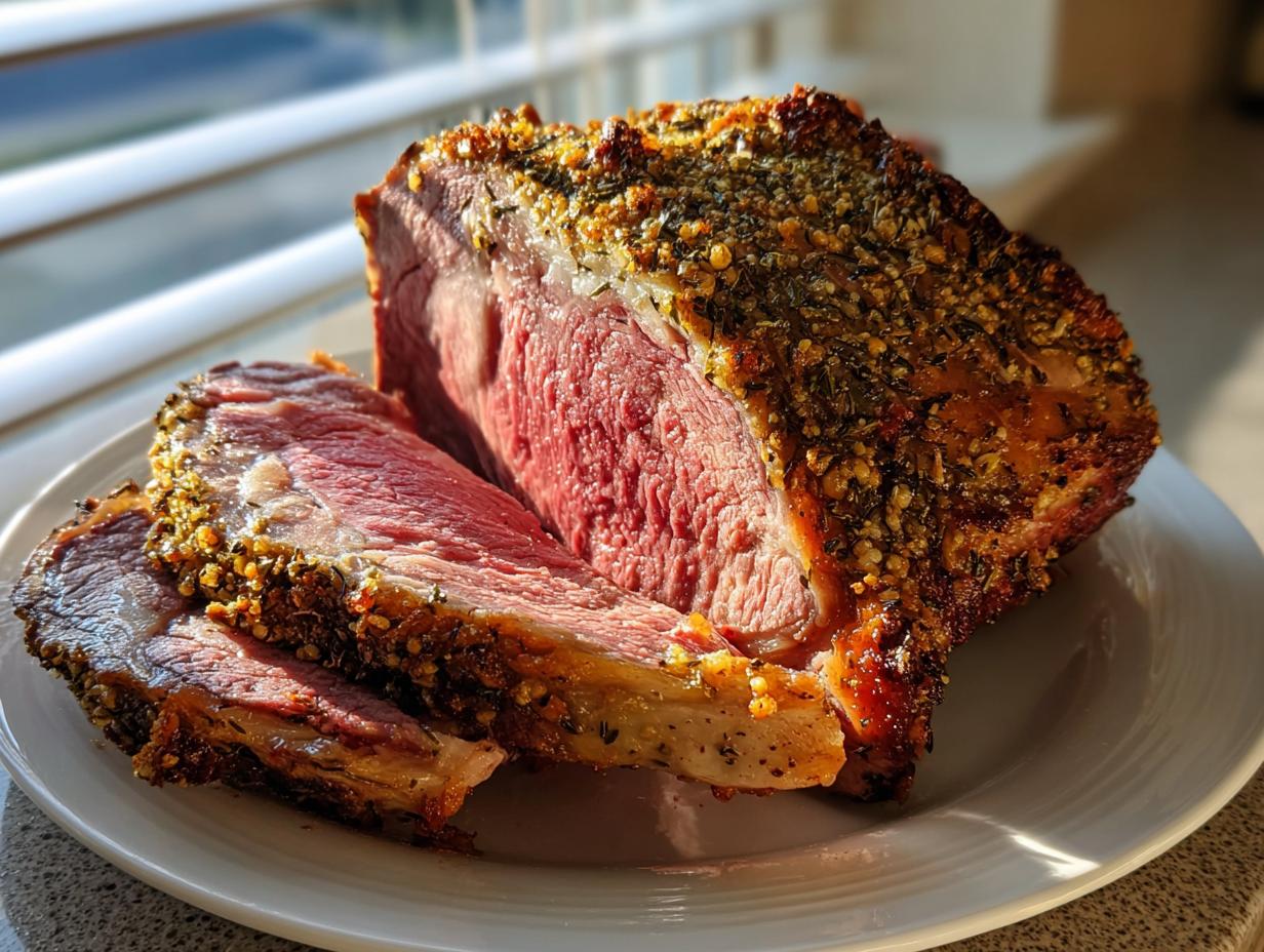A beautifully cooked prime rib roast, sliced to show a perfect medium-rare center and herb crust.