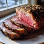 Close-up of a perfectly cooked prime rib roast, sliced to show the medium-rare center and thick peppercorn crust.