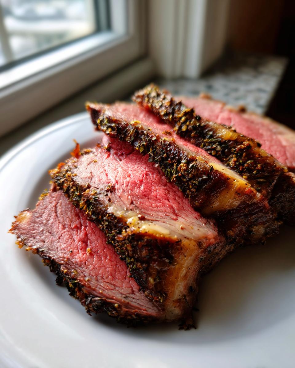 Close-up of medium-rare slices of prime rib with a dark herb crust resting on a white plate.