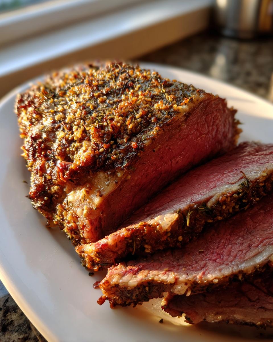 Close-up of perfectly cooked, medium-rare prime rib roast, showing a thick herb crust and juicy interior.