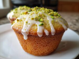 A close-up of a golden-brown pistachio muffin topped with white glaze and chopped pistachios.