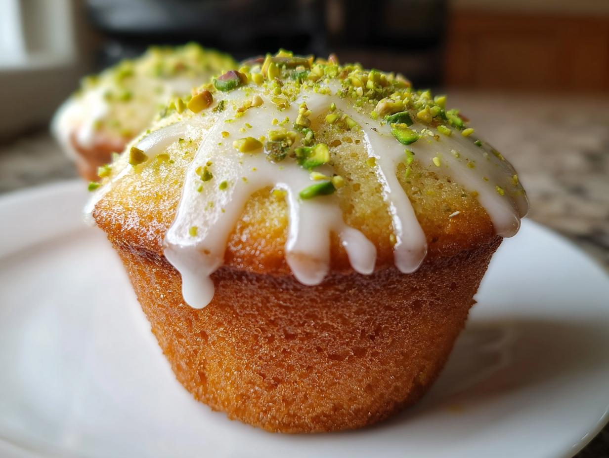 A close-up of a golden-brown pistachio muffin topped with white glaze and chopped pistachios.