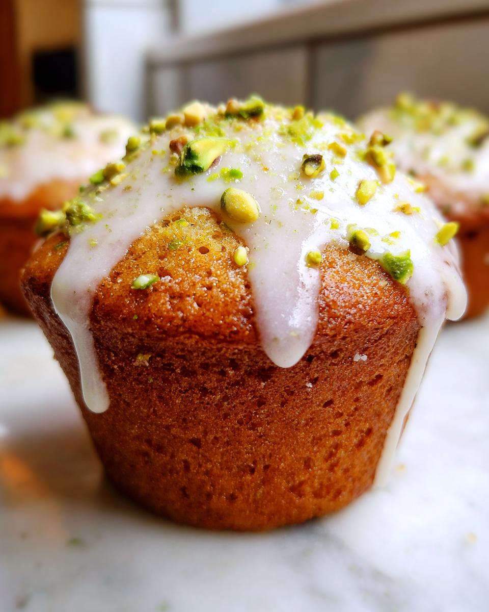 Close-up of a freshly baked pistachio muffin topped with white glaze and chopped pistachios.