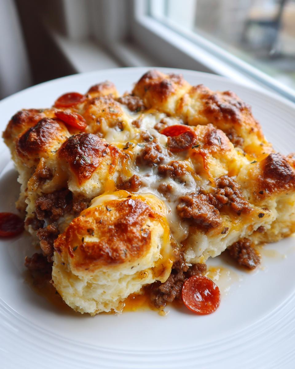A close-up of a serving of pizza casserole made with biscuits, ground meat, melted cheese, and pepperoni slices.