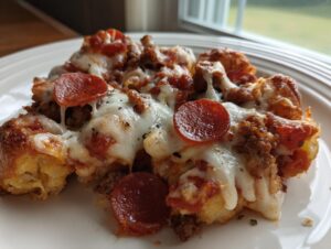 A close-up serving of pizza casserole featuring melted mozzarella, pepperoni slices, and ground meat on a white plate.
