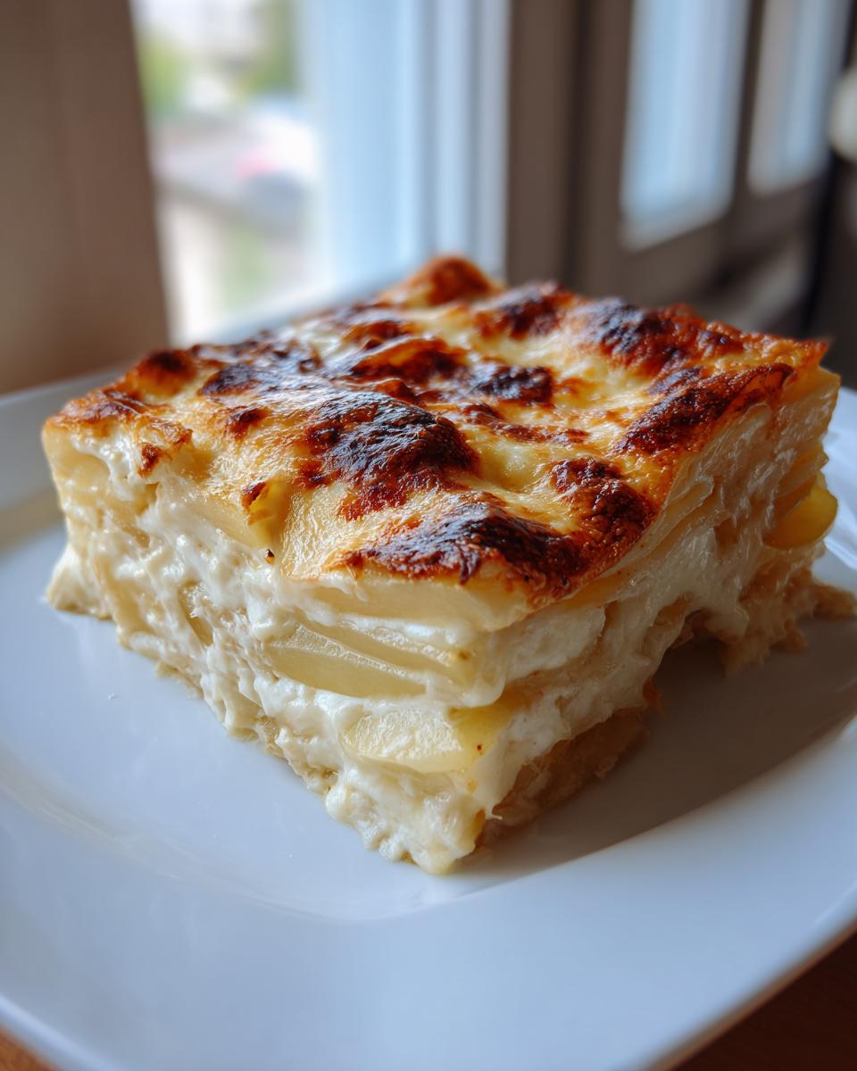 A square slice of rich potatoes au gratin with creamy layers and a deeply browned, cheesy top.