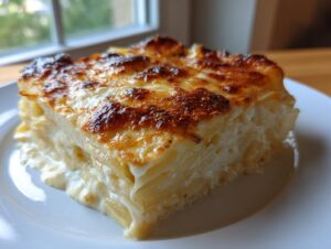 A rich, creamy slice of potatoes au gratin showing layered potatoes and a beautifully browned, cheesy top.