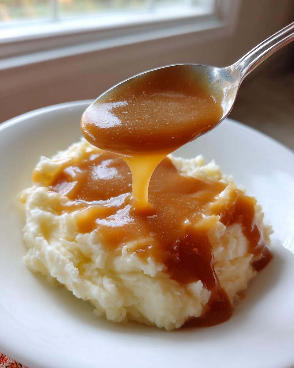 A spoonful of rich homemade brown gravy being poured over fluffy mashed potatoes in a white bowl.