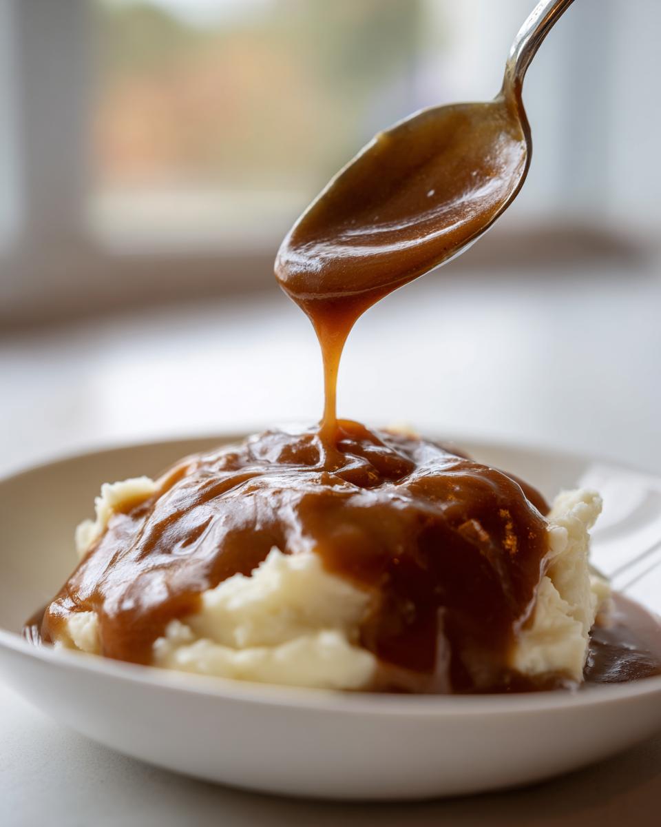 A spoonful of rich homemade brown gravy being poured over a mound of fluffy mashed potatoes in a white bowl.