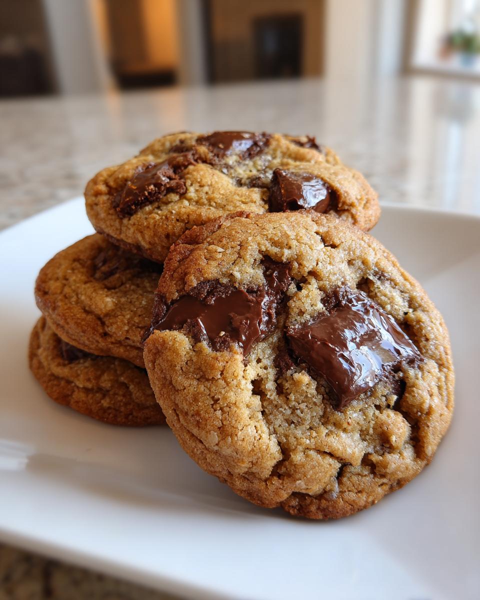 A stack of four soft, thick chocolate chip pudding cookies with gooey melted chocolate chunks.