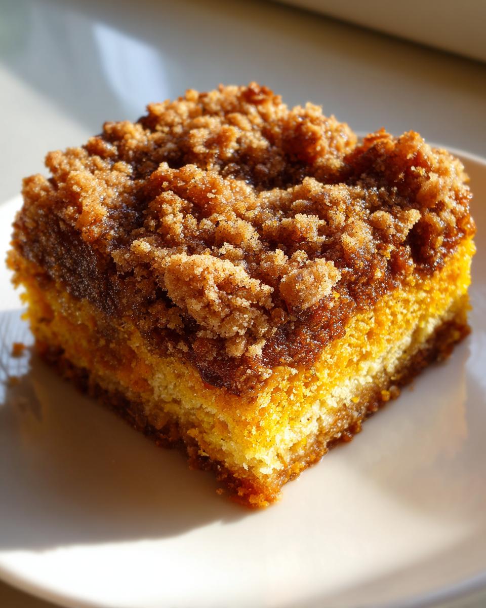 Close-up of a square slice of pumpkin crunch cake showing the moist orange cake base and thick brown sugar crumb topping.