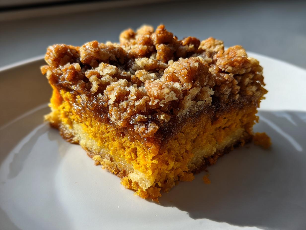 Close-up of a single slice of pumpkin crunch cake showing the bright orange pumpkin layer and thick, crunchy brown sugar topping.