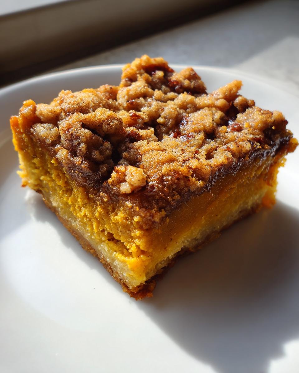 A square slice of rich, orange pumpkin crunch cake topped with a thick, sugary brown crumble.