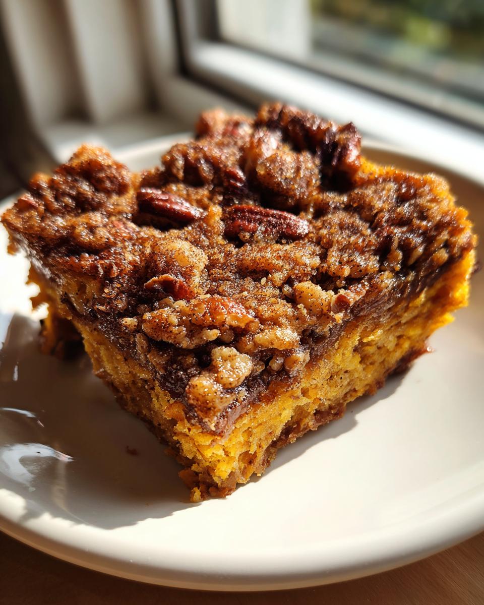 Close-up of a rich, orange slice of pumpkin crunch cake topped with crunchy brown sugar and pecans.