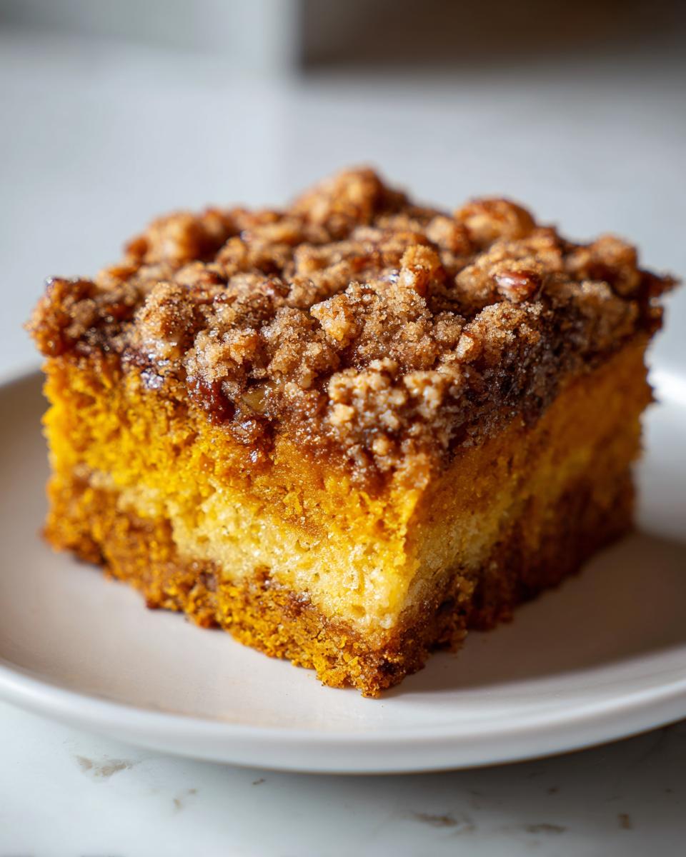 Close-up of a square slice of pumpkin crunch cake showing layers and a thick, brown sugar streusel topping.