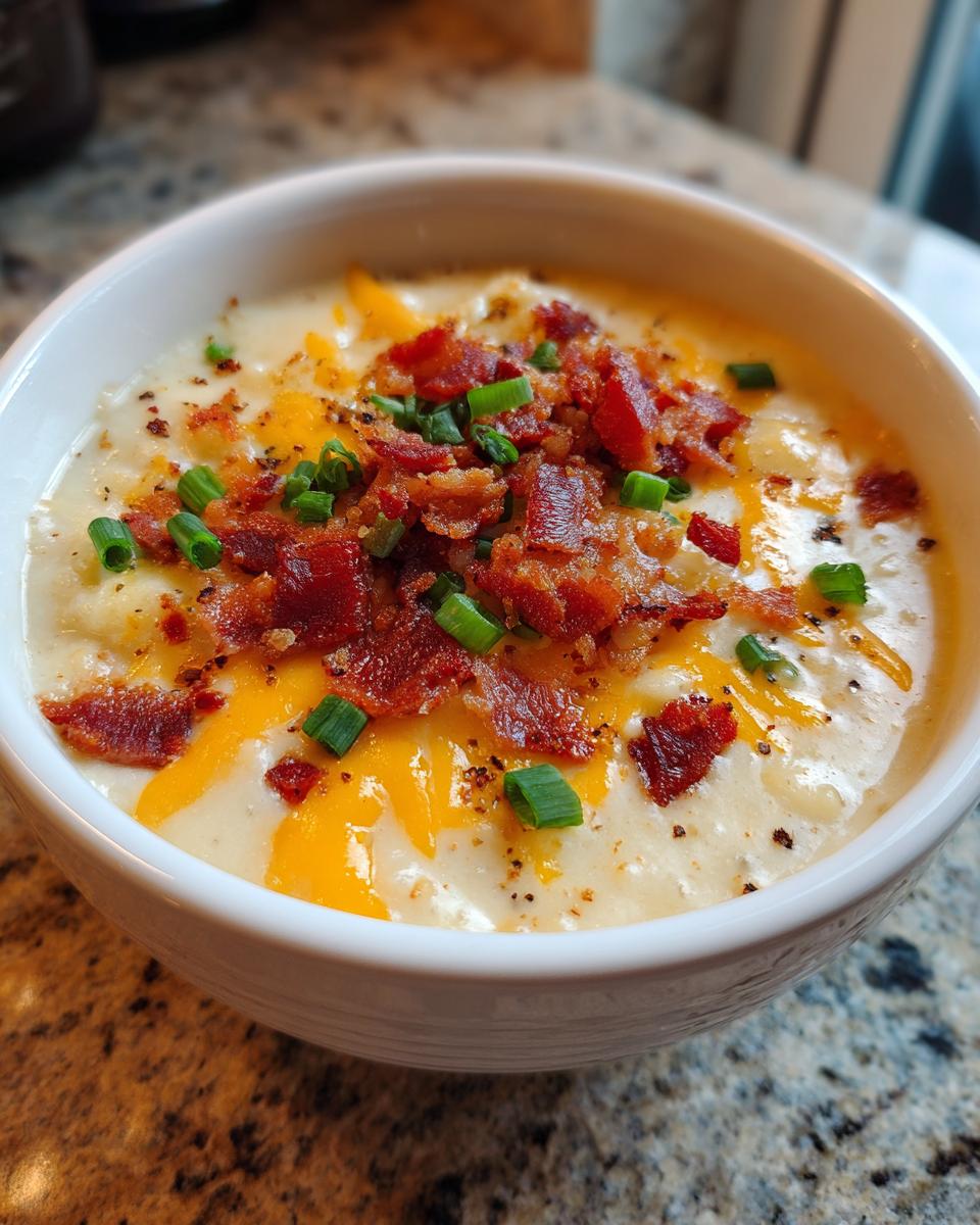Close-up of a creamy bowl of potato soup recipe topped with bacon, cheddar cheese, and chives.