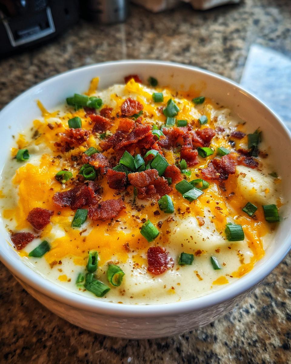 Close-up of a creamy bowl of potato soup recipe topped with melted cheddar, bacon bits, and green onions.