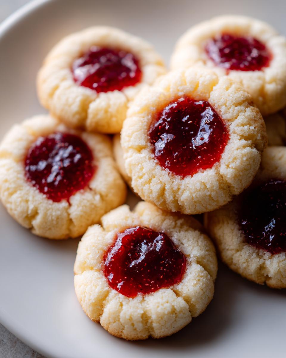 A close-up stack of buttery raspberry thumbprint cookies filled with bright red jam.