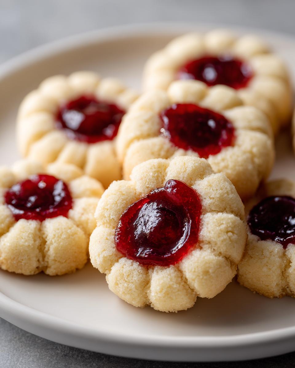 A close-up of several buttery, flower-shaped raspberry thumbprint cookies topped with bright red jam.