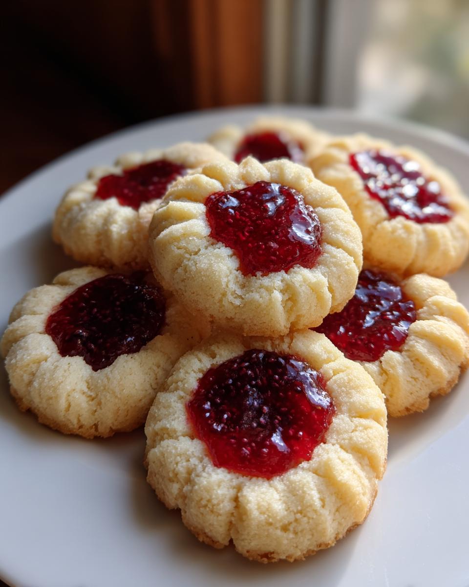 A stack of freshly baked raspberry thumbprint cookies with bright red jam centers on a white plate.