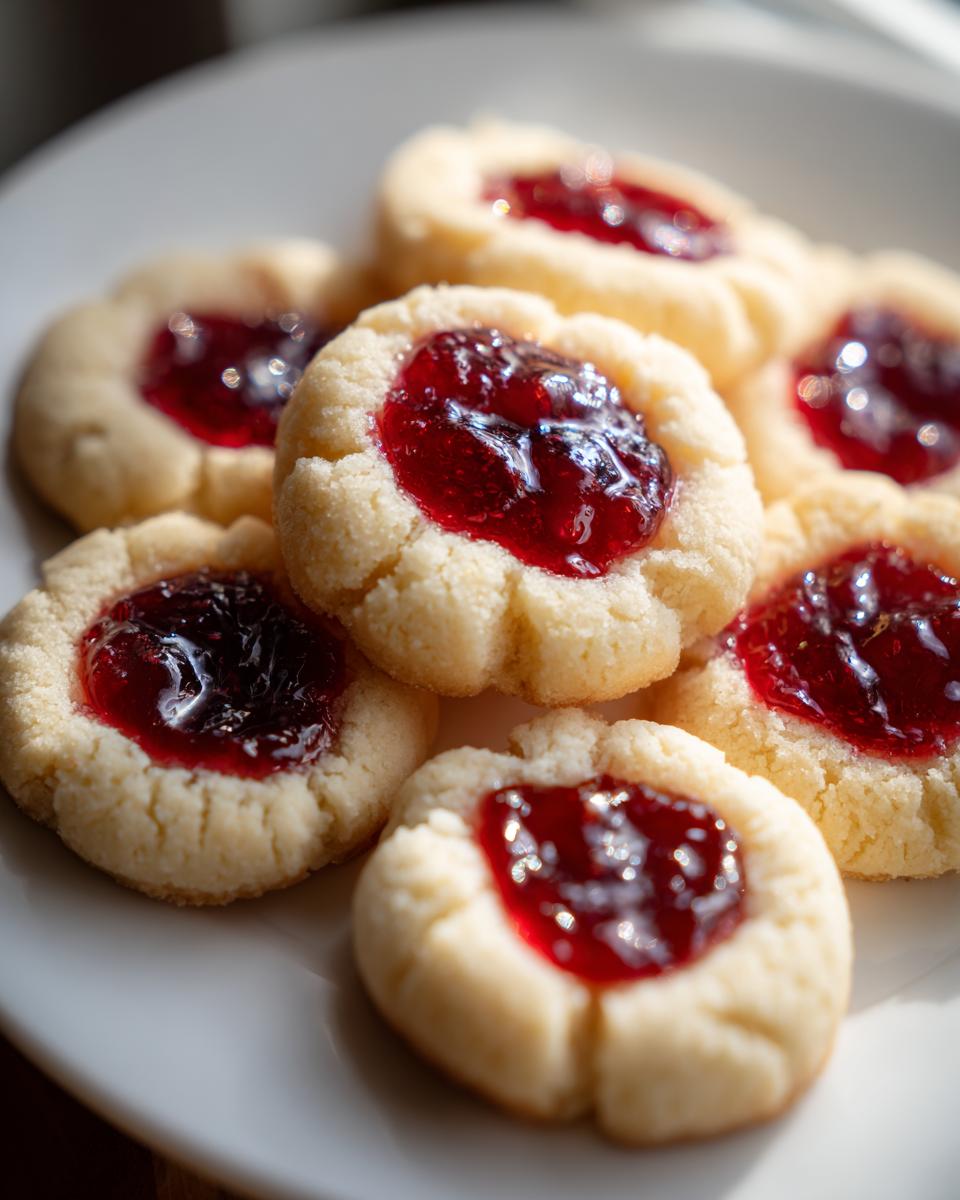 A plate of freshly baked raspberry thumbprint cookies with bright red jam centers.