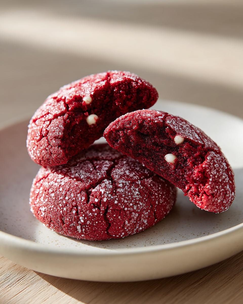 Three vibrant red velvet cake mix cookies, one broken in half showing white chocolate chips inside.