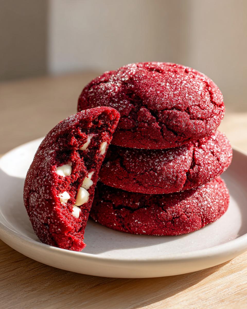 A stack of four vibrant red velvet cake mix cookies, one broken open to show white chocolate chips inside.