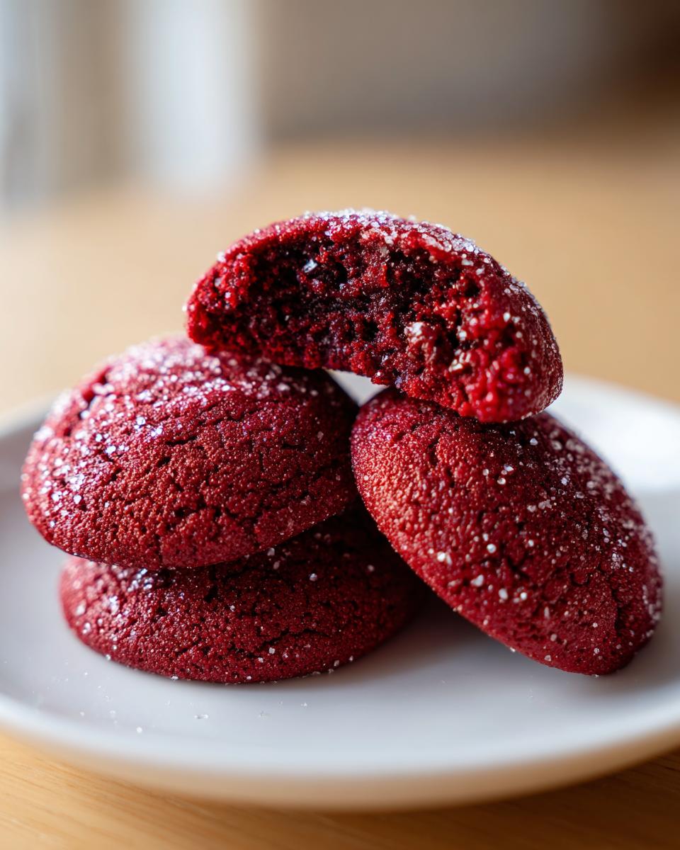 Close-up of a stack of four vibrant red velvet cake mix cookies dusted with sugar.