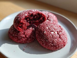 Close-up of soft, bright red velvet cake mix cookies coated in sugar, stacked on a gray plate.