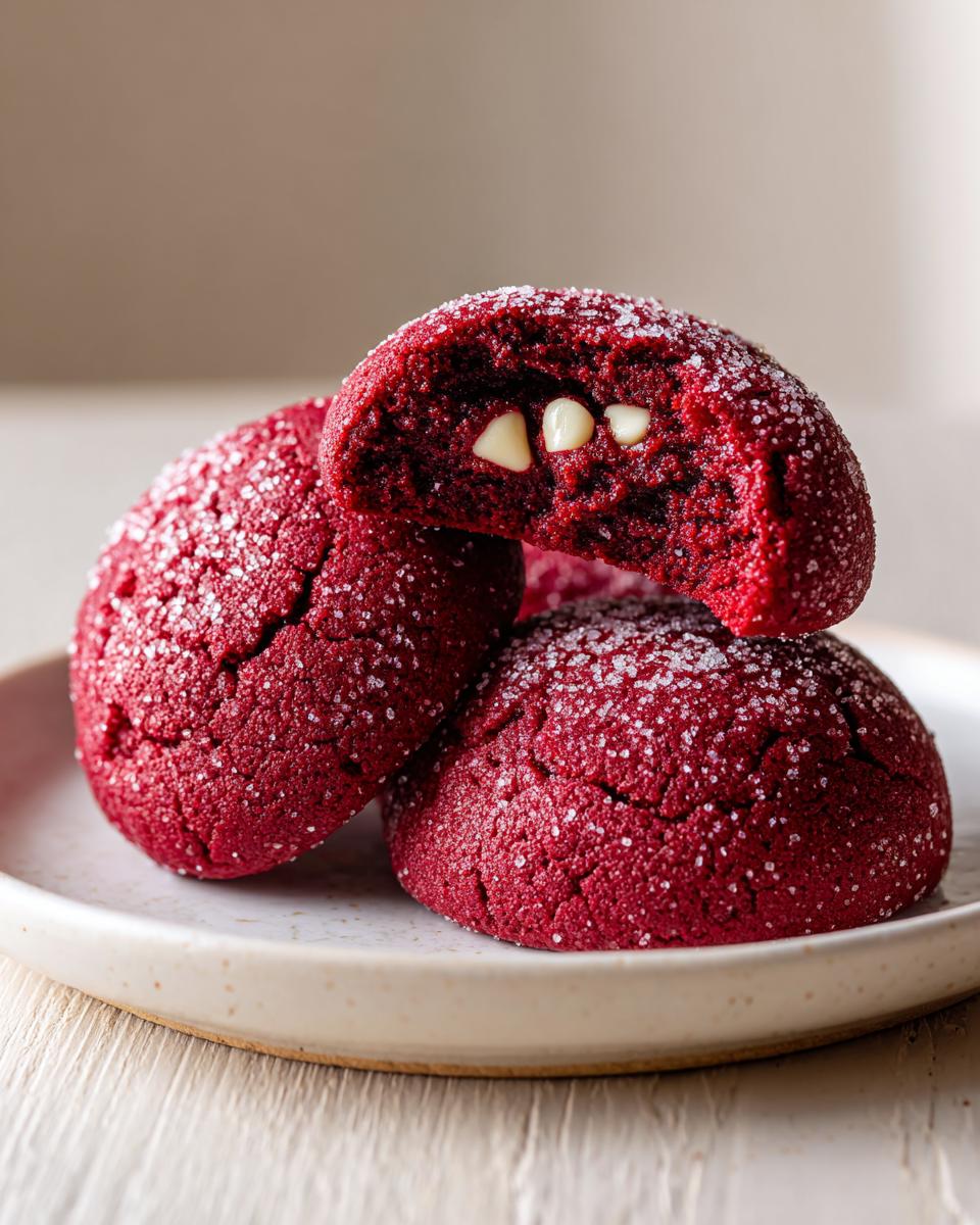 Close-up of soft, bright red velvet cake mix cookies coated in sugar, one broken open showing white chocolate chips.