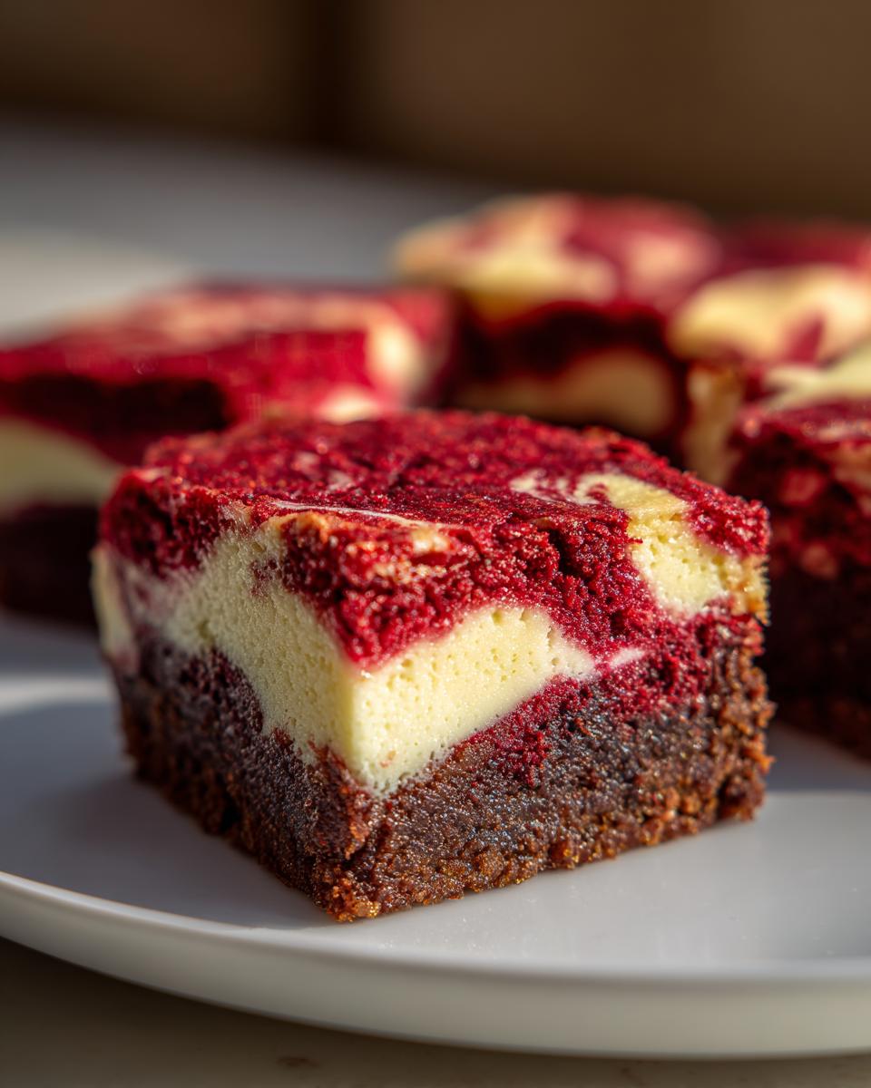 A rich, layered red velvet cheesecake brownies square sitting on a white plate, showing the dark brownie base and marbled topping.