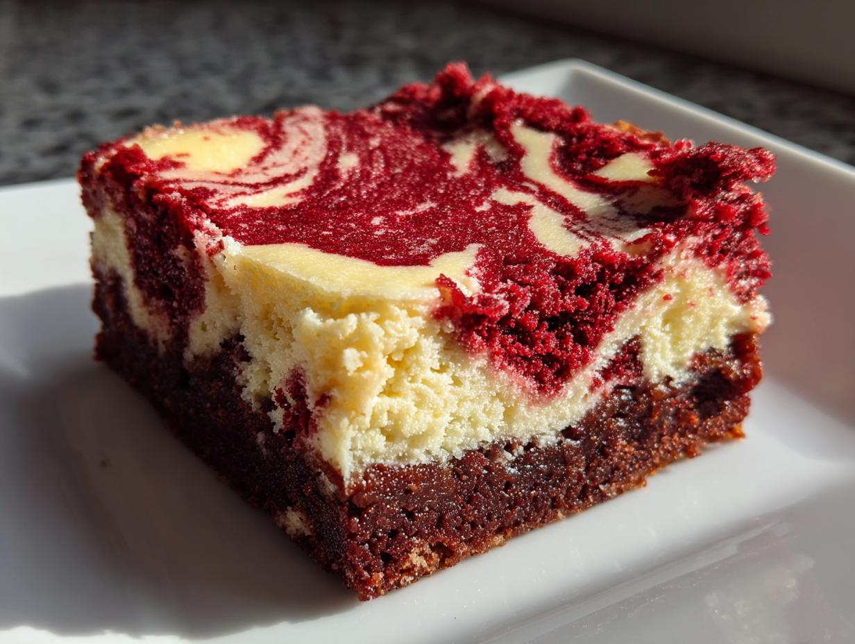 A single square of red velvet cheesecake brownies showing a rich red swirl over a creamy cheesecake layer on a dark brownie base.