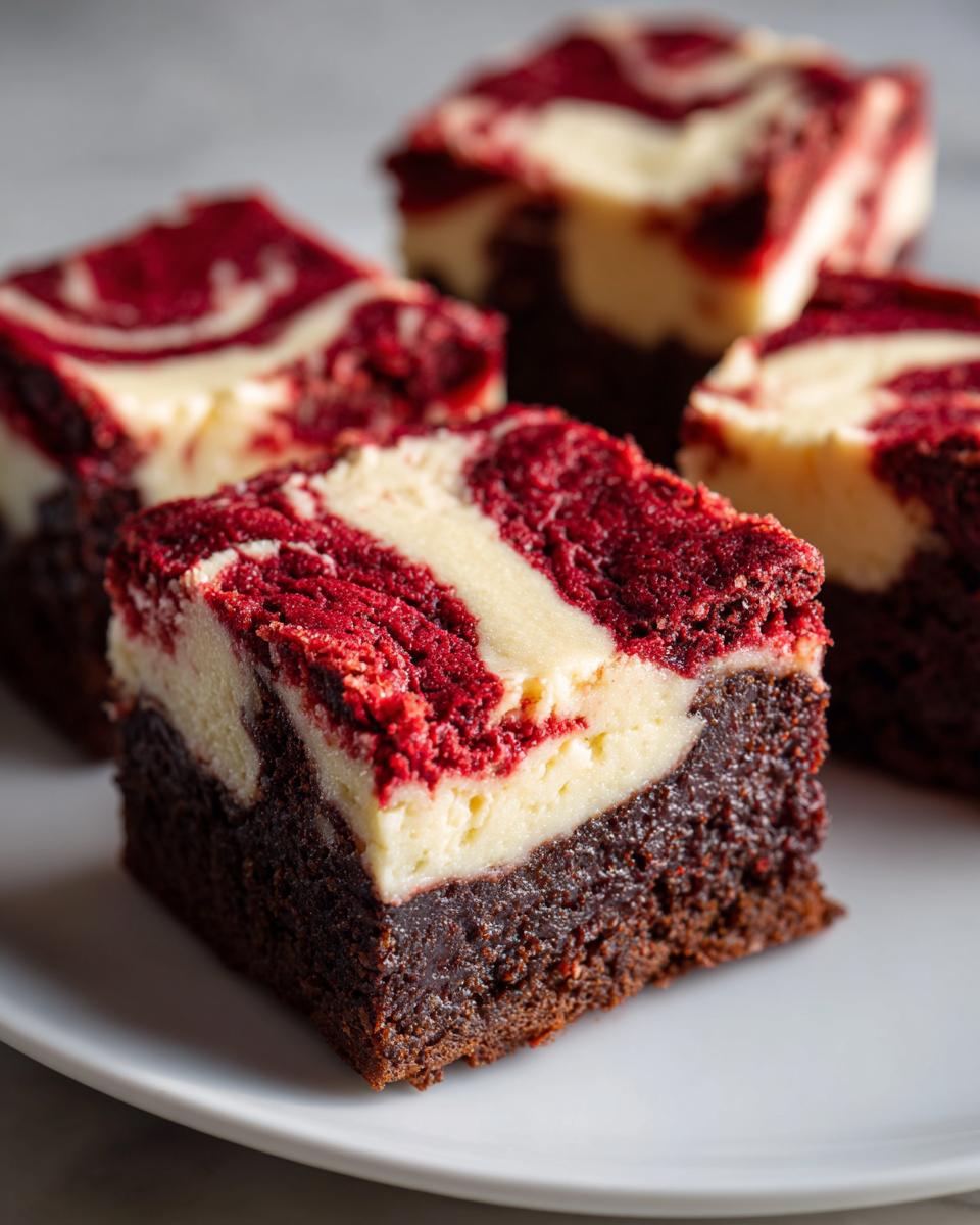 Close-up of decadent red velvet cheesecake brownies squares showing the rich dark brownie base and swirled red and cream topping.