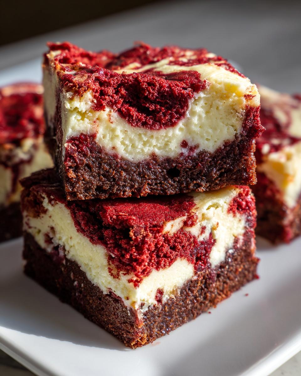 Two stacked squares of rich red velvet cheesecake brownies showing the dark brownie base and swirled red and cream cheesecake topping.