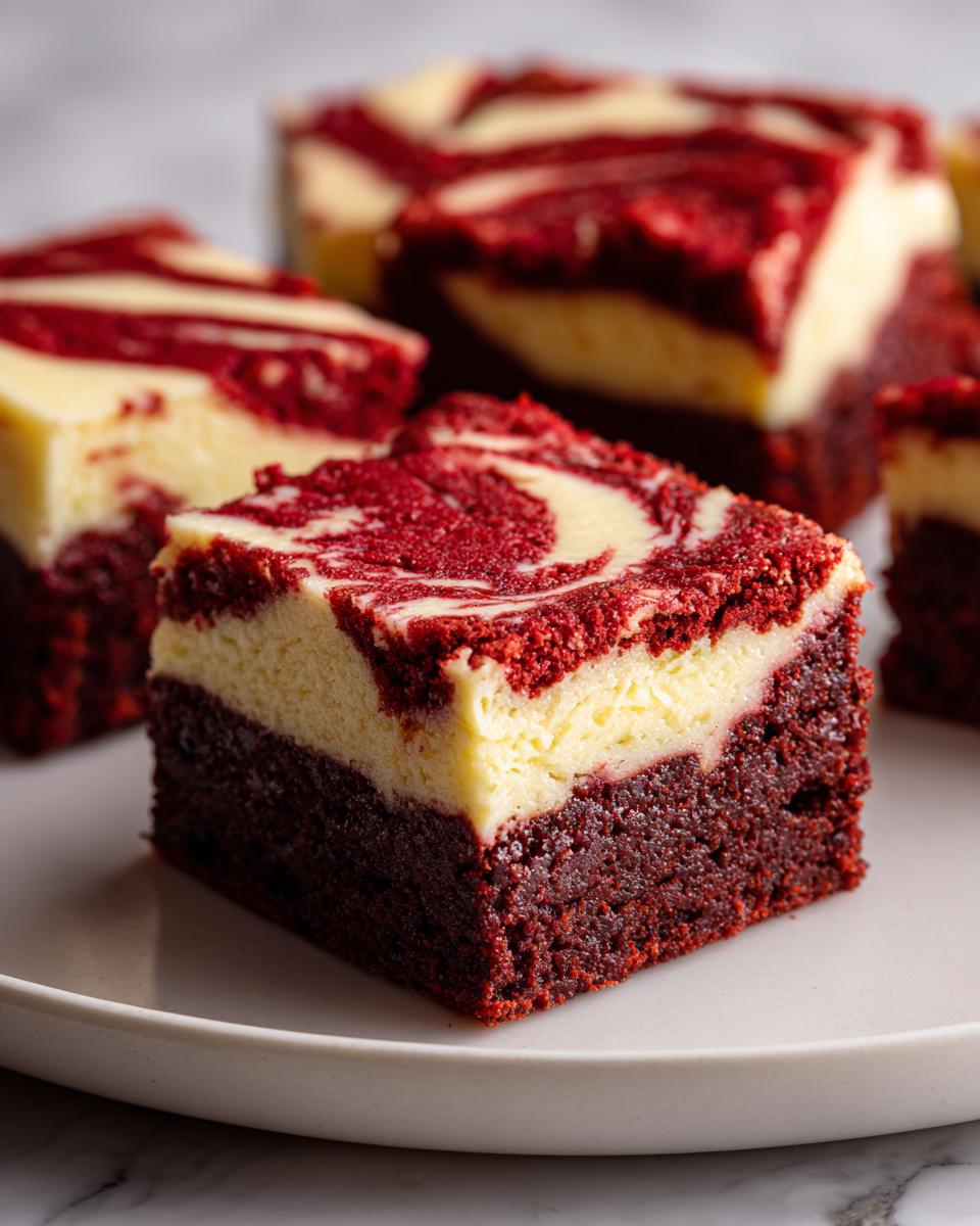 A close-up of a rich, fudgy red velvet cheesecake brownies square with a distinct red and cream cheese swirl topping.
