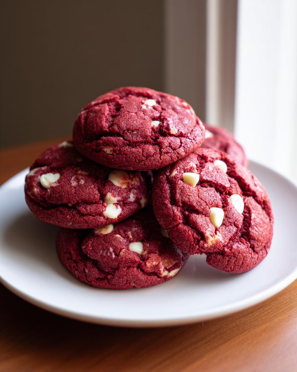A stack of rich, deep red velvet cookies studded with white chocolate chips resting on a white plate.