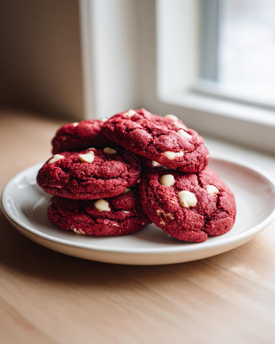 A stack of rich, deep red velvet cookies studded with white chocolate chips resting on a white plate.