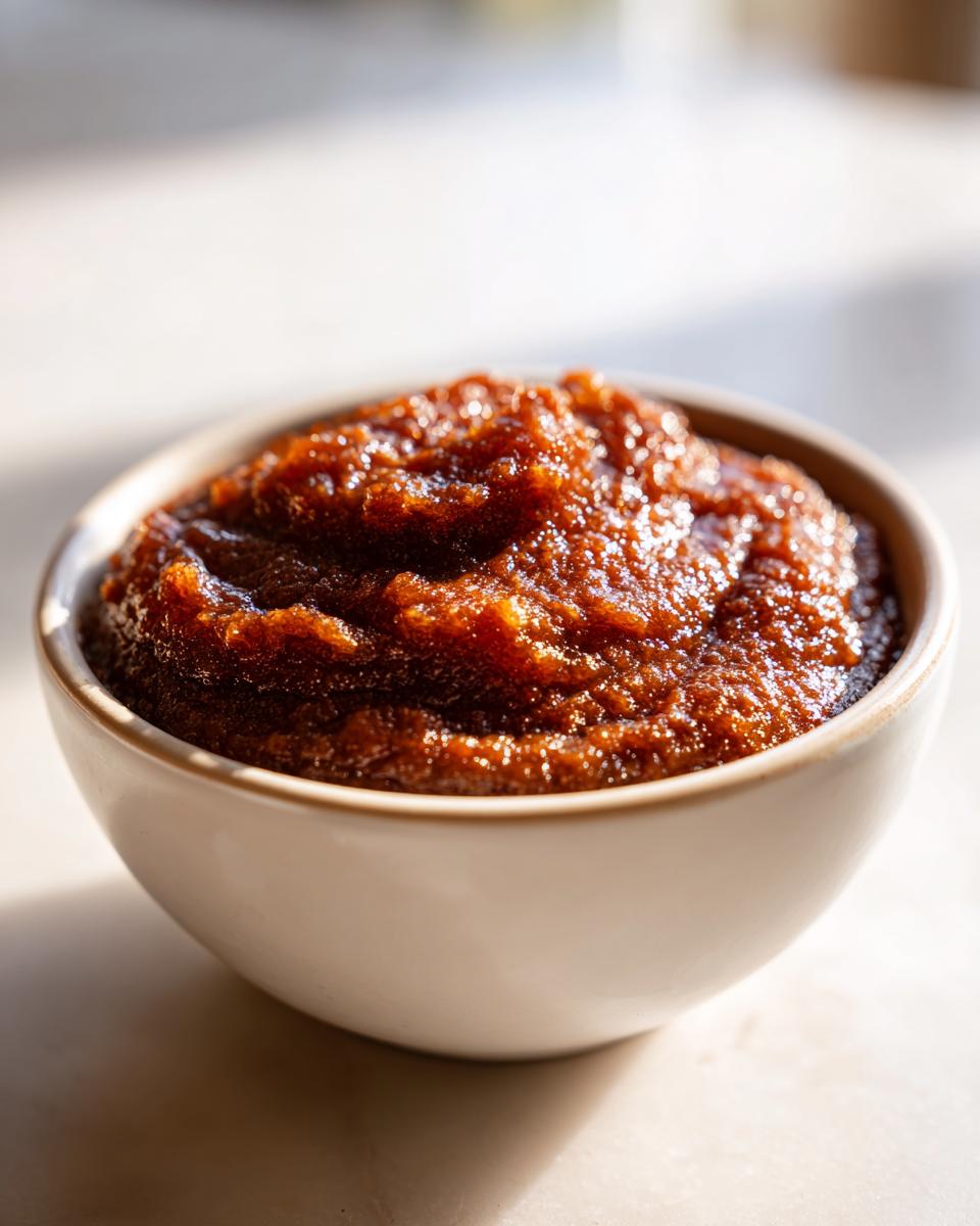 Close-up of thick, dark, glossy homemade apple butter served in a small white bowl.