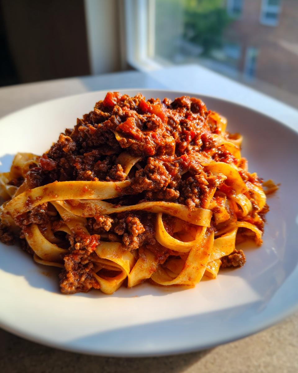 A close-up of fresh tagliatelle pasta generously topped with rich, thick bolognese sauce, set near a window.