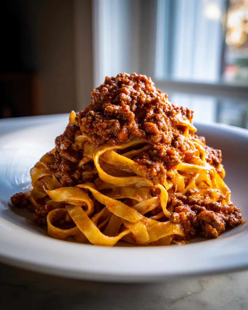 A generous serving of rich bolognese sauce piled high on fresh tagliatelle pasta on a white plate.