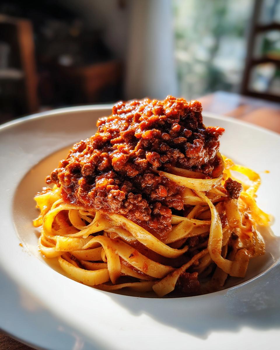 A close-up of fresh tagliatelle pasta generously topped with rich, meaty bolognese sauce, served in a white bowl.