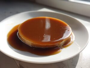 A disc of rich, glossy brown sauce, resembling thick turkey gravy, served on a white plate.