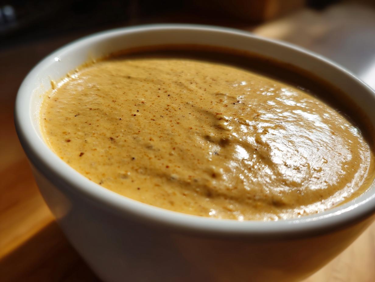 Close-up of thick, creamy, golden-brown homemade cream of chicken soup sprinkled with pepper in a white bowl.