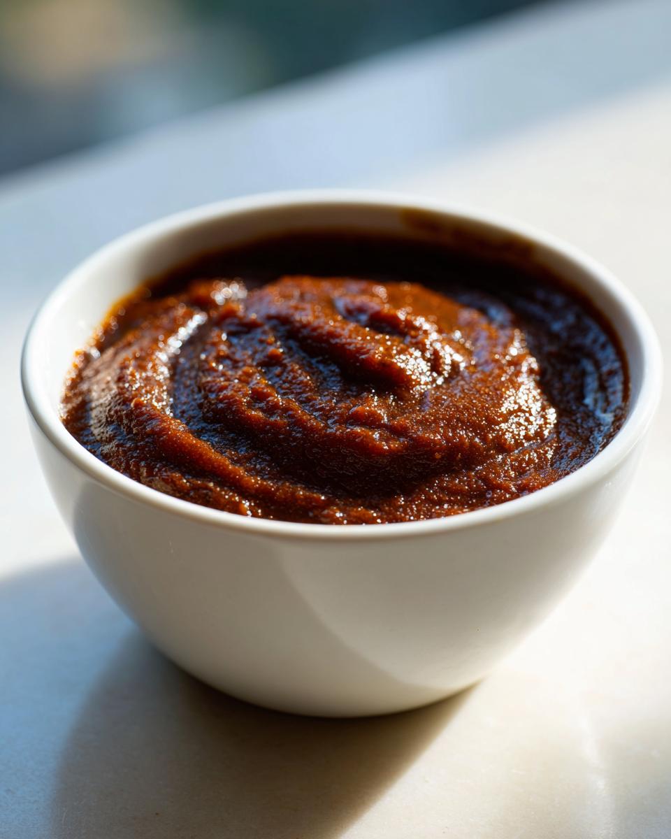 Close-up of thick, dark brown homemade apple butter swirled in a small white bowl.