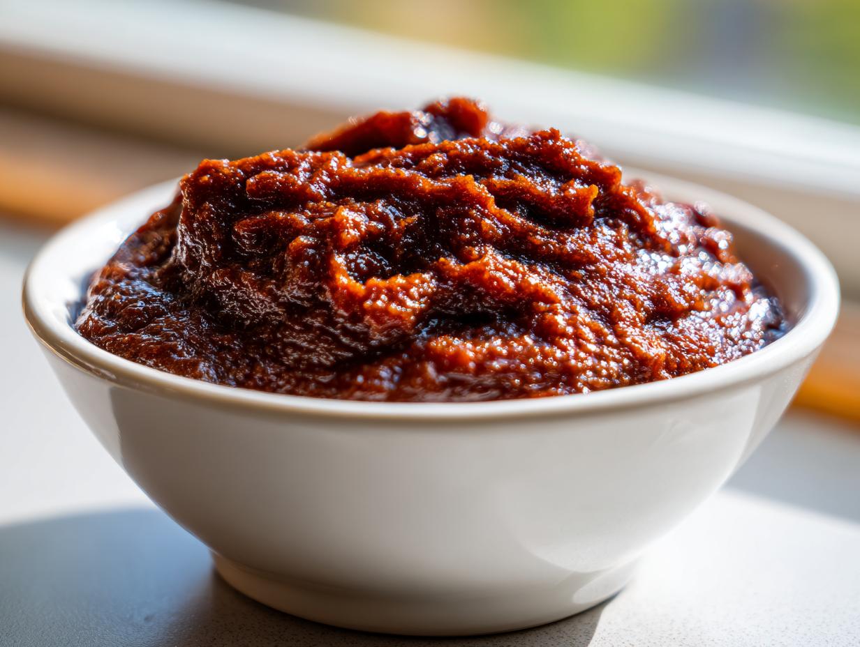 A close-up of thick, dark, rich homemade apple butter mounded in a small white bowl.