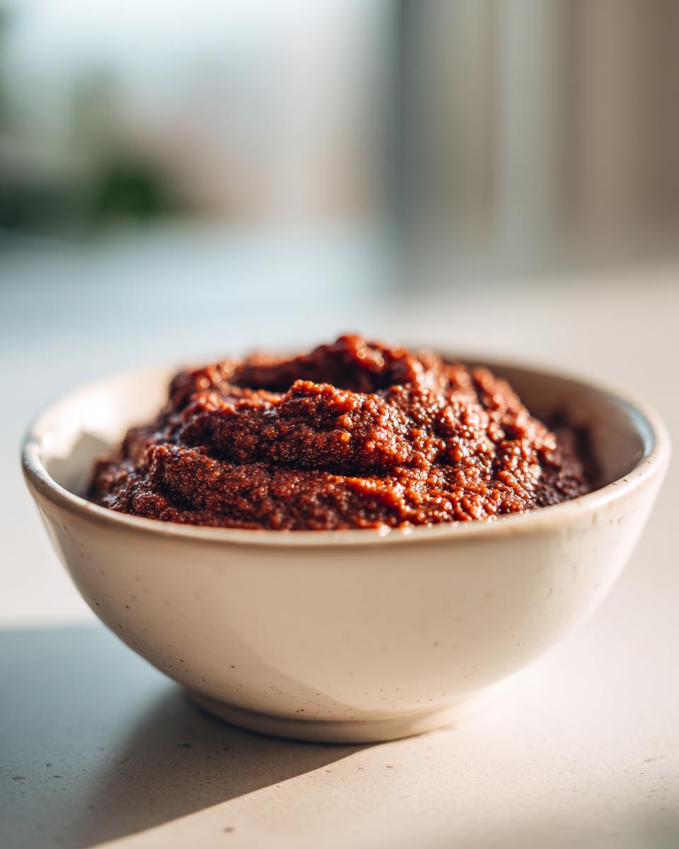 A close-up of thick, dark brown homemade apple butter served in a small, speckled white bowl.