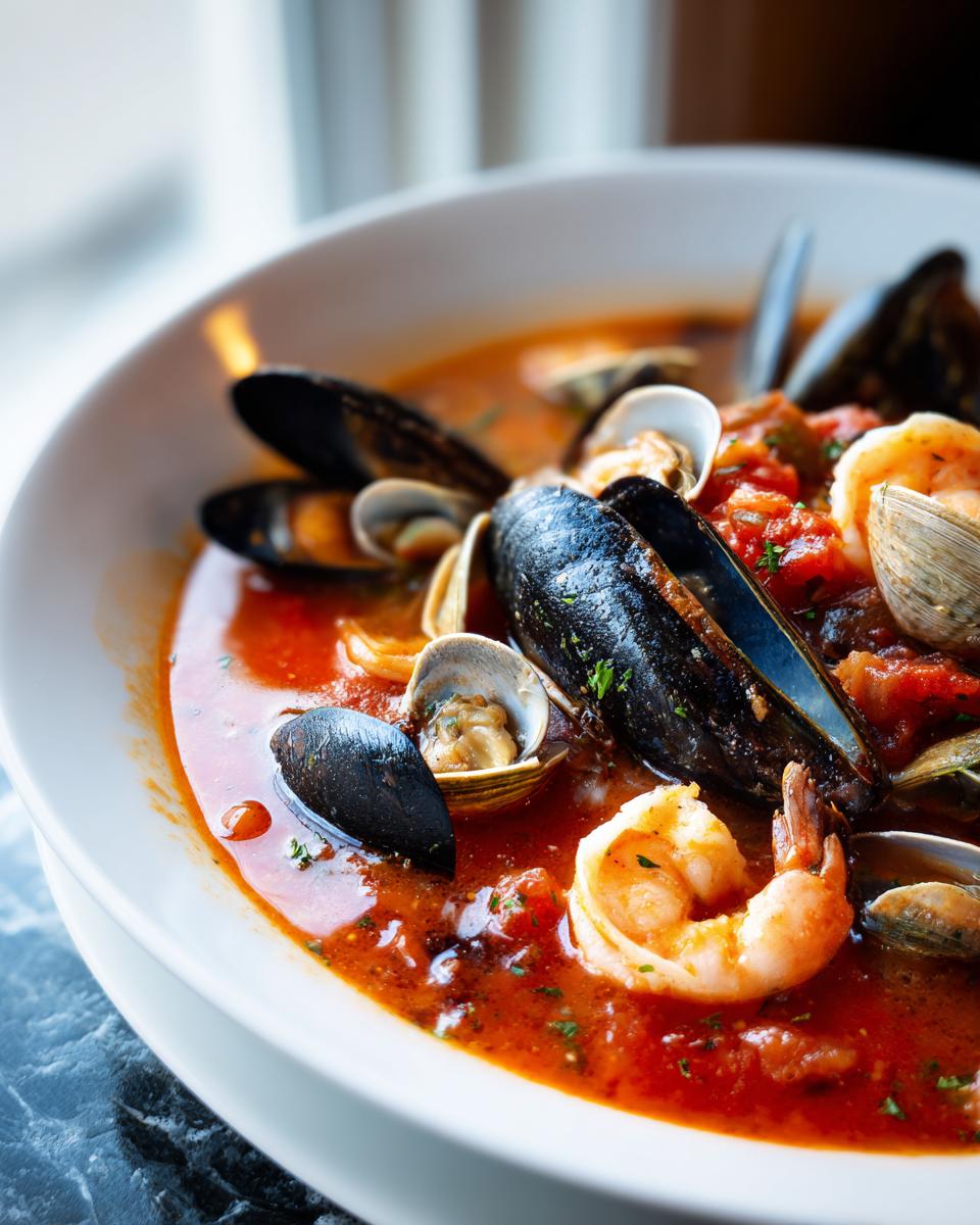 A close-up of a vibrant, tomato-based seafood soup featuring mussels, clams, and a large shrimp.