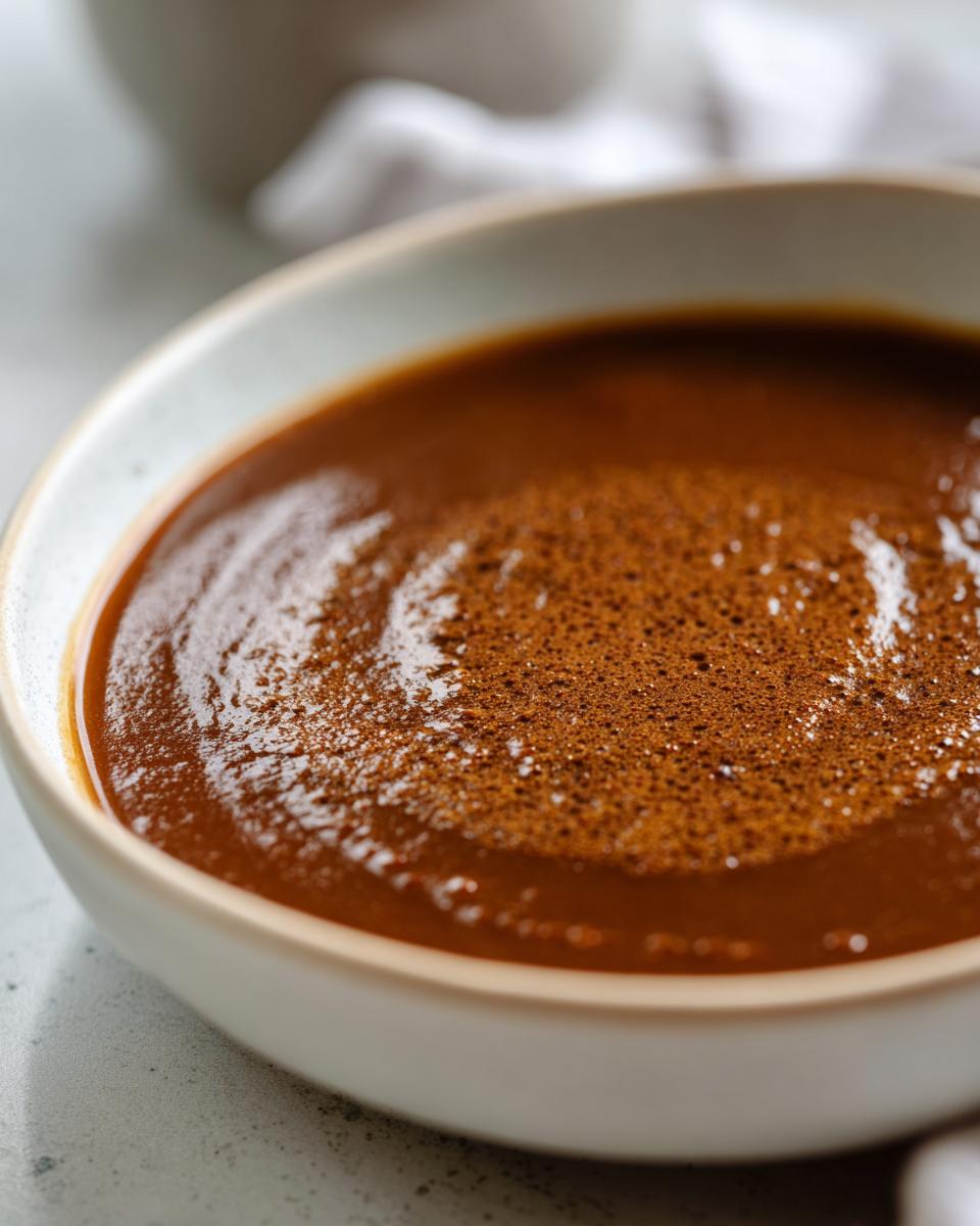 Close-up of rich, dark brown turkey gravy with a foamy surface texture in a light ceramic bowl.