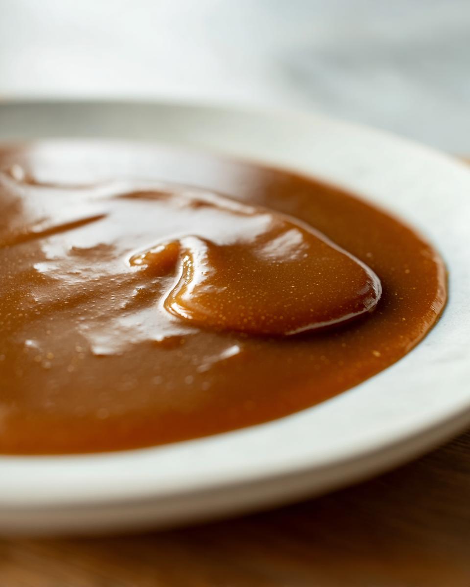 Close-up of rich, glossy, brown turkey gravy generously spooned onto a white plate.