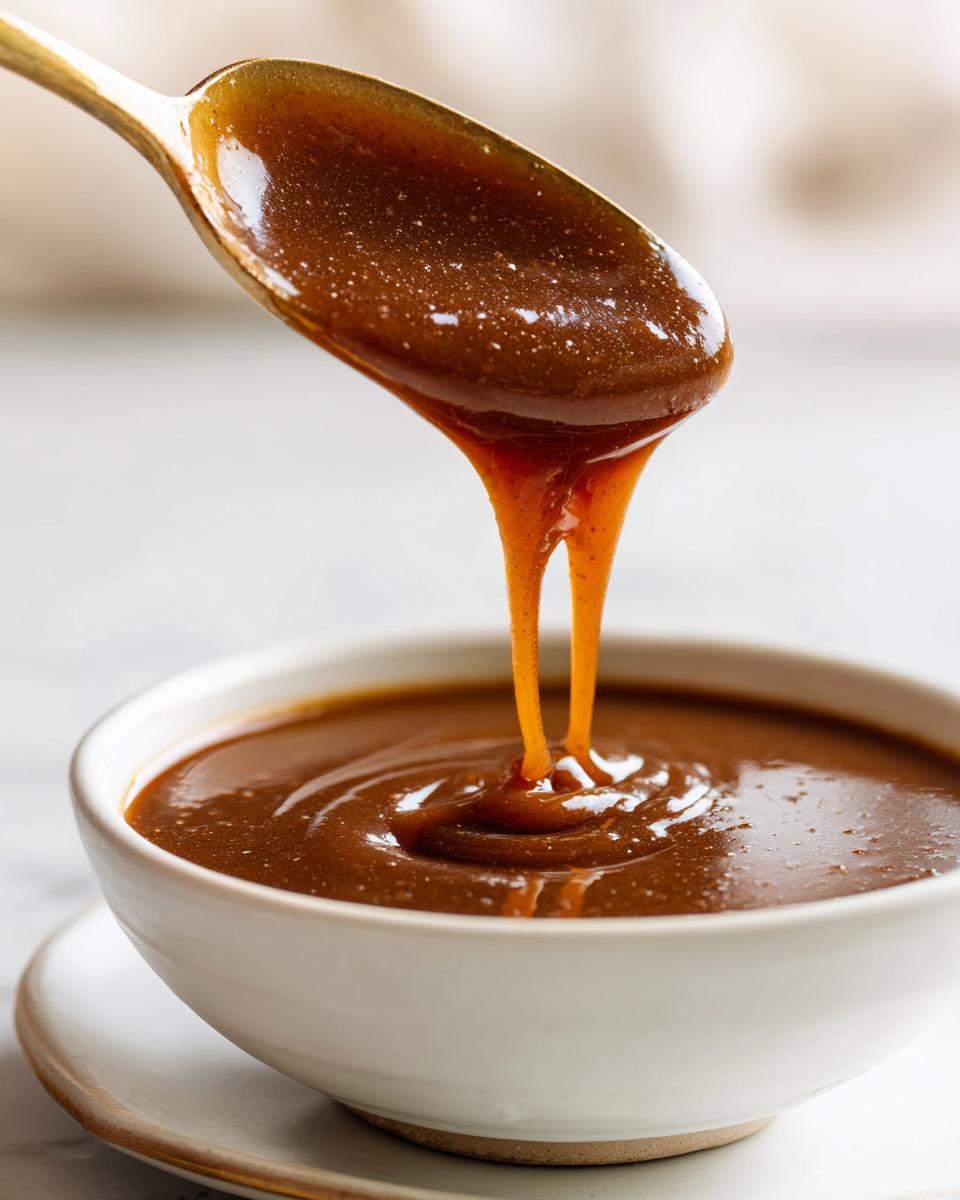 Close-up of thick, rich brown turkey gravy dripping from a golden spoon back into a white bowl.